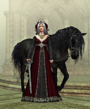 黒い馬と中世の女性