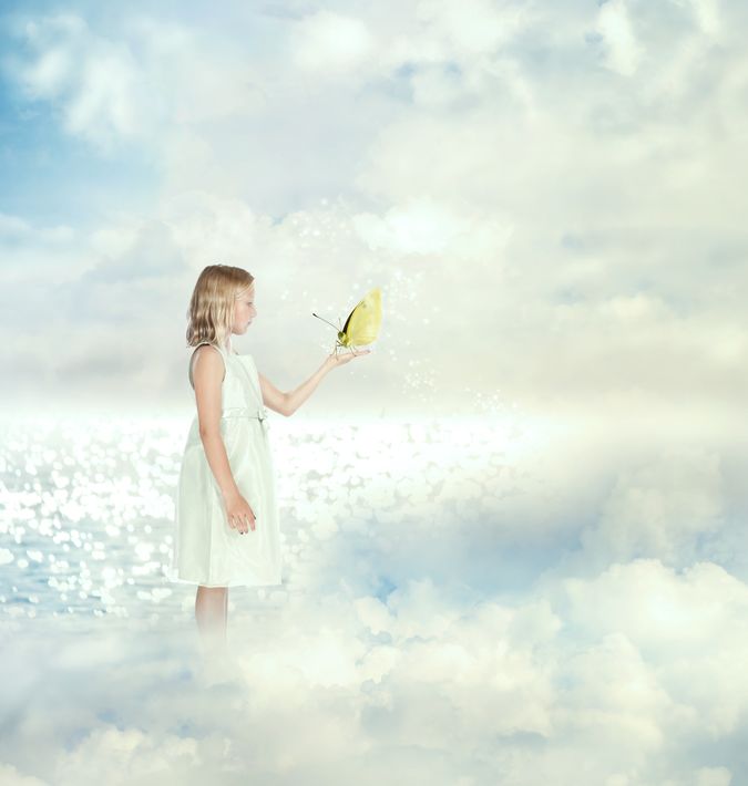 雲の中にいる少女と蝶。