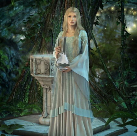 夜の森でランプを手にする妖精