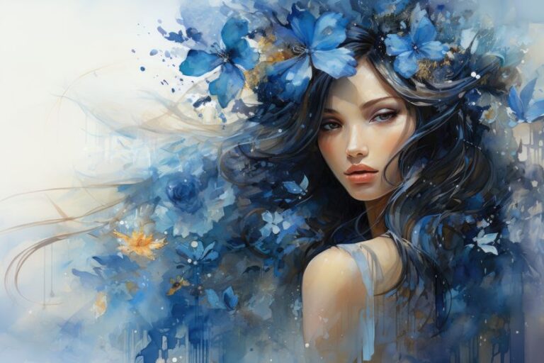 青い花を髪にかざる少女